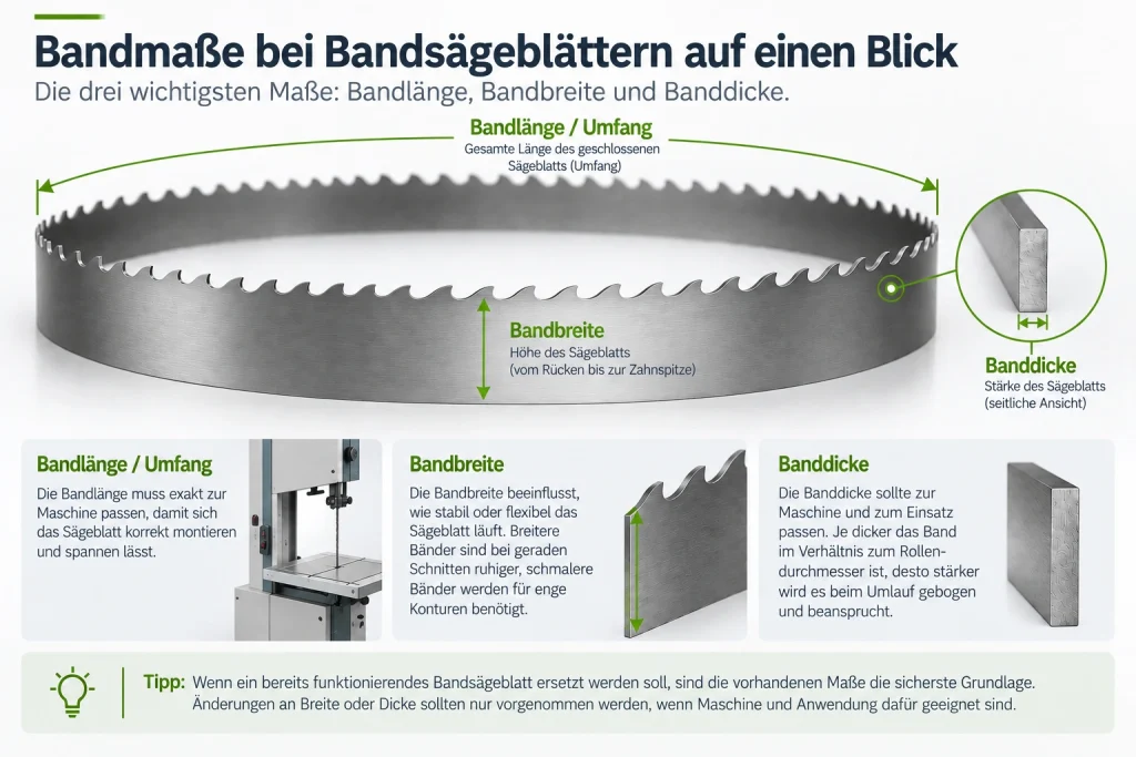 Grafik zur Bestimmung von Bandlänge, Bandbreite und Banddicke bei Bandsägeblättern