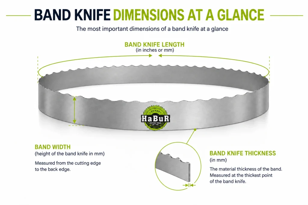 Graphic showing how to determine band knife length, width and thickness